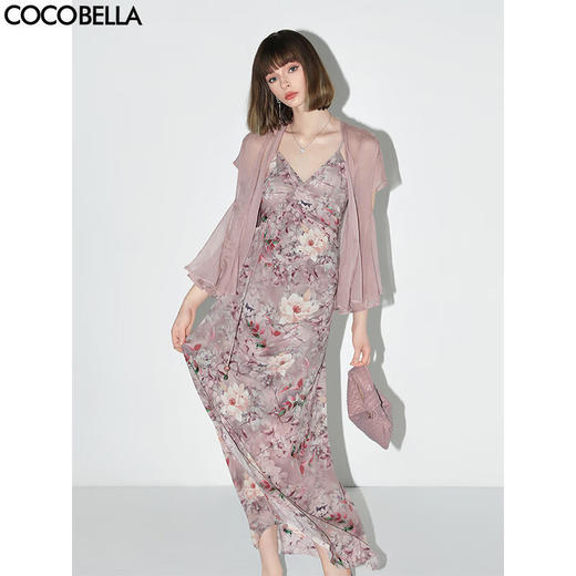 【秒杀】COCOBELLA手工捏褶雪纺花卉吊带裙夏度假风飘带连衣裙FR0023 商品图0