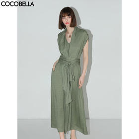 【秒杀】COCOBELLA商务通勤亚麻连衣裙女夏立体飘带领系带衬衫裙FR3051