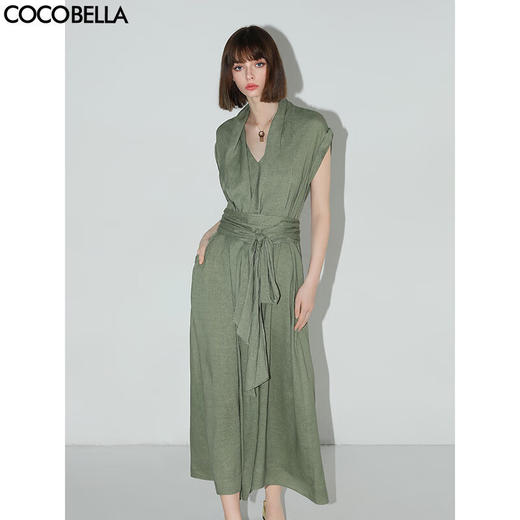 【秒杀】COCOBELLA商务通勤亚麻连衣裙女夏立体飘带领系带衬衫裙FR3051 商品图0