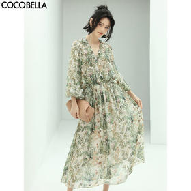 COCOBELLA重工对丝提花V领雪纺连衣裙女法式浪漫茶歇裙FR157