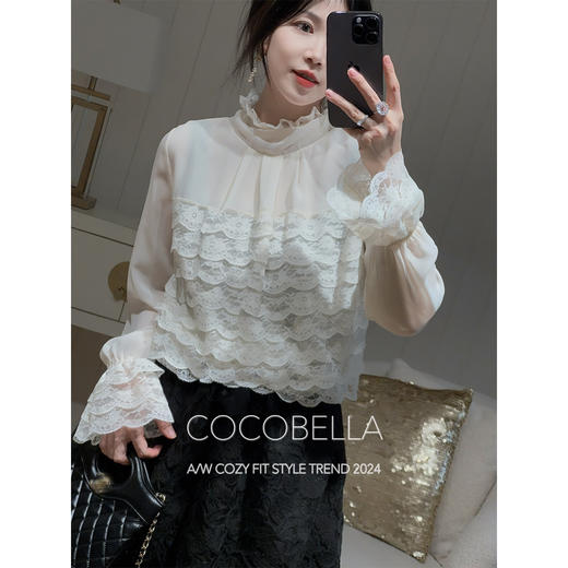 COCOBELLA精致女人味优雅多层蕾丝衫女赫本风白色衬衫LC7028 商品图0