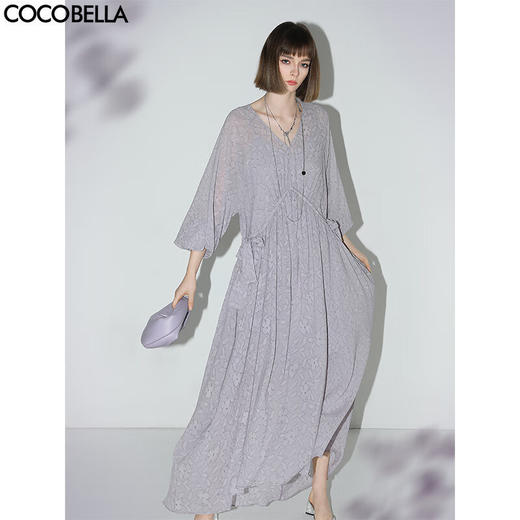 COCOBELLA莫奈紫肌理浮雕压花抽绳连衣裙雪纺裙两件套FR7049 商品图0
