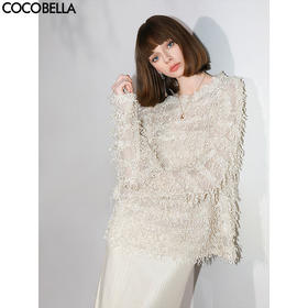 【有赞】COCOBELLA设计感微透视流苏罩衫秋名媛风毛边针织衫SE7006-2