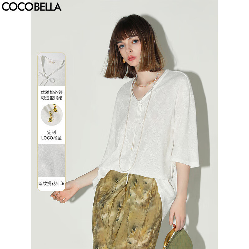 COCOBELLA镂空提花V领系带五分袖针织衫宽松蝙蝠袖上衣TS3002B