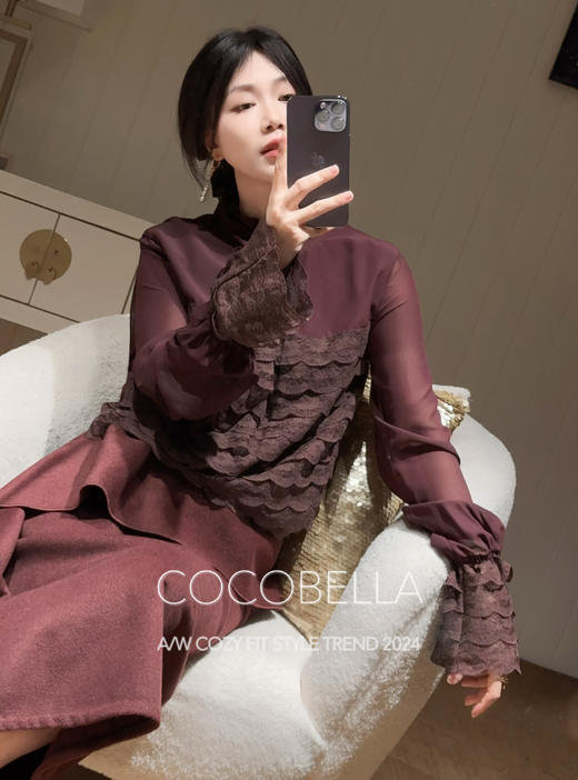 【限时秒杀】COCOBELLA精致女人味优雅多层蕾丝衫赫本风长袖衬衫LC7028-2 商品图0