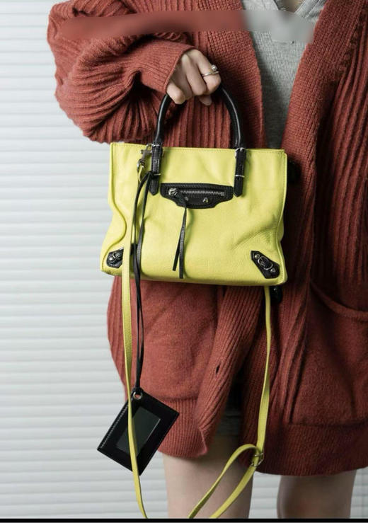 巴黎世家 拼色 牛皮 柠檬黄拼黑 机车包 商品图2