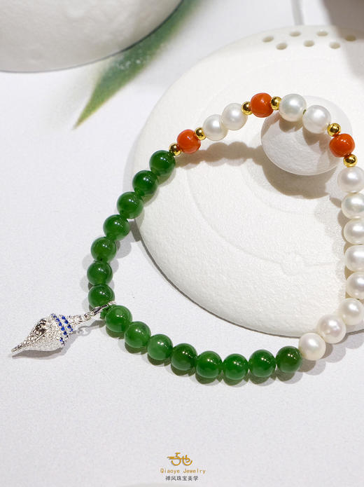 巧也【琅嬛】6mm菠菜绿碧玉配南红珍珠手珠国风手串禅意风 商品图9