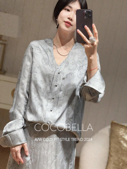 COCOBELLA新中式人丝提花炒色衬衫女丝光质感国风衬衣SR0028 商品图0