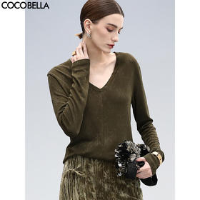 【秒杀】COCOBELLA细闪亮葱提花V领针织衫优雅气质通勤长袖毛衣TS3022