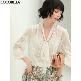 COCOBELLA手工立体蝴蝶刺绣飘逸透视飘带雪纺衫吊带套装LC52