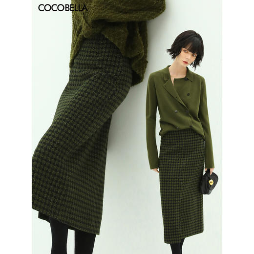 COCOBELLA亮丝千鸟格羊毛半身裙女前开叉气质毛呢哲学裙HS87 商品图0