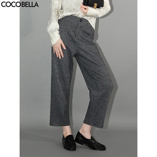 COCOBELLA复古色织人字纹通勤九分西裤女秋高腰哈伦休闲裤PA3007 商品图0