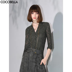 COCOBELLA优雅微透视镂空蕾丝衬衫女深V领长袖针织衫NLC55-2