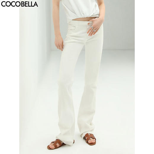 COCOBELLA简约白色牛仔裤时尚高腰微喇休闲裤NDN1 商品图0