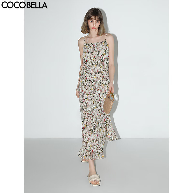 【秒杀】COCOBELLA度假风串珠碎花手工压褶吊带裙夏气质连衣裙FR3023