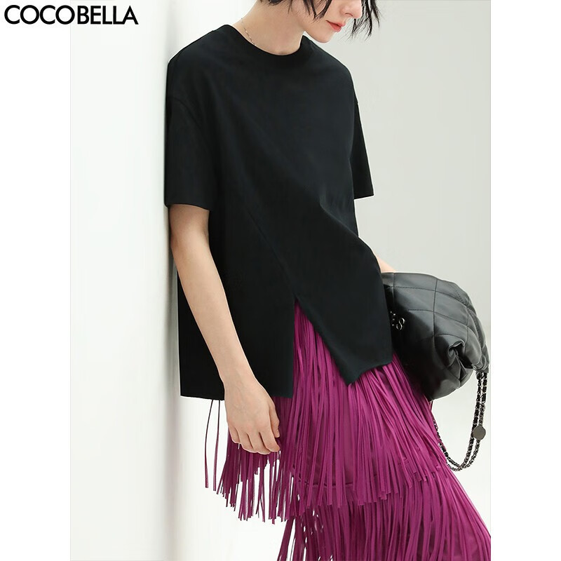 COCOBELLA设计感侧开叉甜酷短袖T恤女休闲圆领半袖NTS3