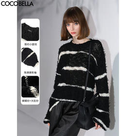 COCOBELLA撞色条纹粗针镂空毛衣女花式纱松弛感针织衫MZ3020