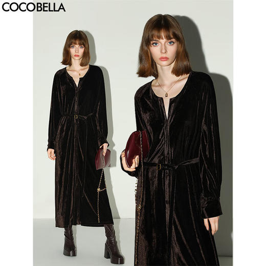 COCOBELLA静奢风丰盈天鹅绒长袖连衣裙质感丝绒礼服裙FR7088 商品图0