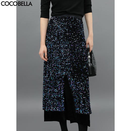 COCOBELLA幻彩亮片丝绒半身裙女秋冬气质名媛小香风开叉长裙HS548 商品图0