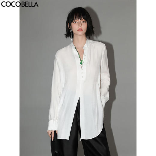 COCOBELLA重工绗线玉石扣新中式老钱风白衬衫立领衬衣SR545 商品图0