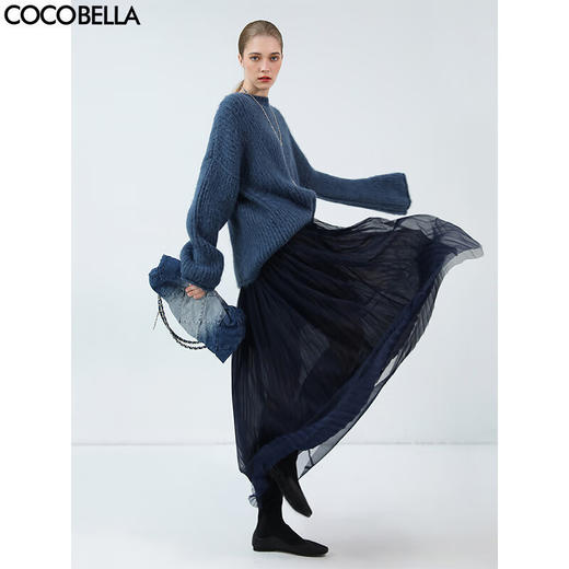 COCOBELLA手工压褶金葱网纱大摆半身裙女秋飘逸垂坠长裙HS7065-2 商品图0