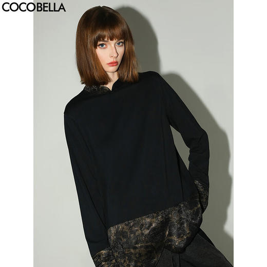 【秒杀】COCOBELLA烫金缎面拼接针织衬衫早春新中式小立领衬衣SR0051 商品图0