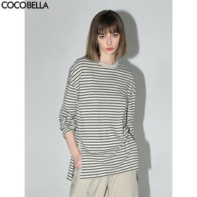 COCOBELLA字母标黑白条纹长袖T恤女侧开叉休闲遮阳上衣TS0012