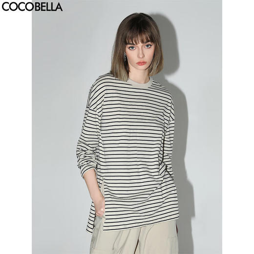 COCOBELLA字母标黑白条纹长袖T恤女侧开叉休闲遮阳上衣TS0012 商品图0