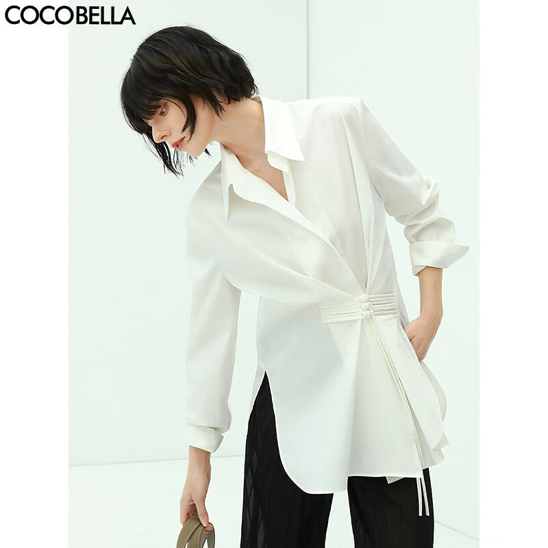 【限时秒杀】COCOBELLA新中式手工盘扣国风翻领衬衫匹马棉通勤白衬衣SR912