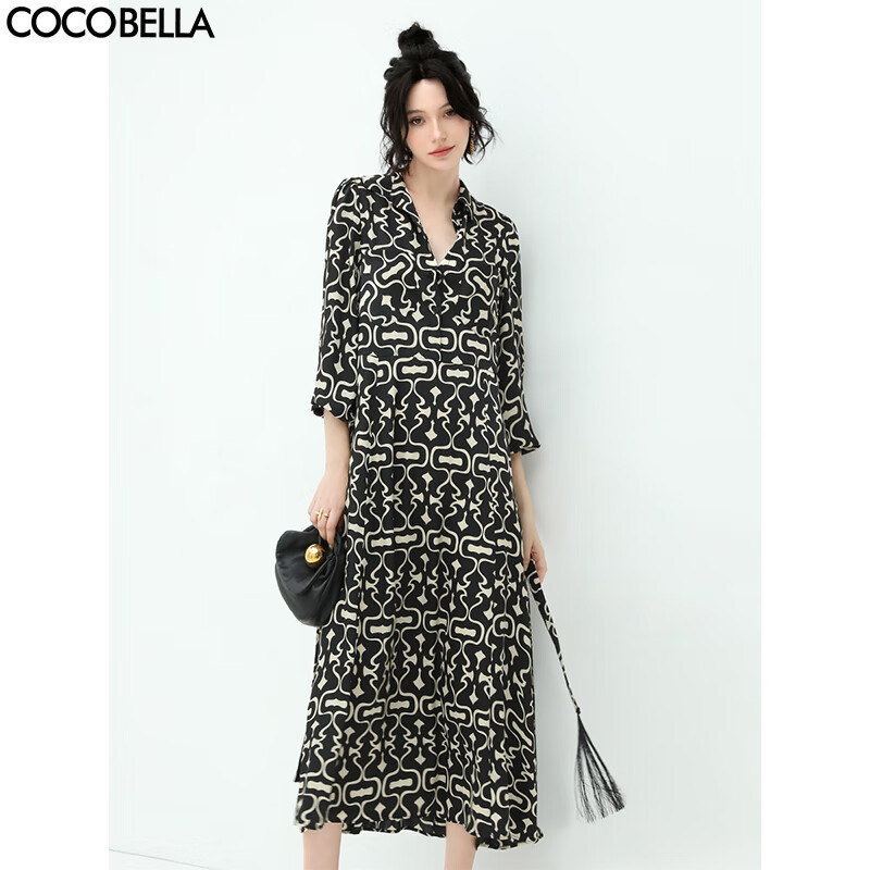 【秒杀】COCOBELLA优雅几何图案通勤衬衫裙秋流苏腰带缎面连衣裙FR189