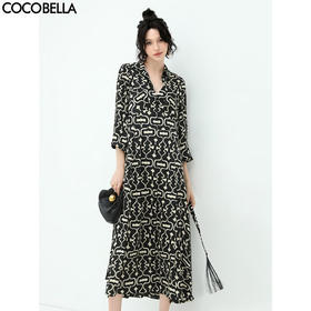 【秒杀】COCOBELLA优雅几何图案通勤衬衫裙秋流苏腰带缎面连衣裙FR189