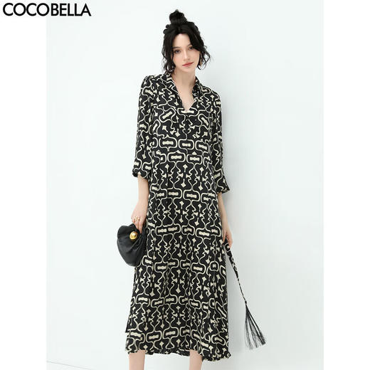 【秒杀】COCOBELLA优雅几何图案通勤衬衫裙秋流苏腰带缎面连衣裙FR189 商品图0