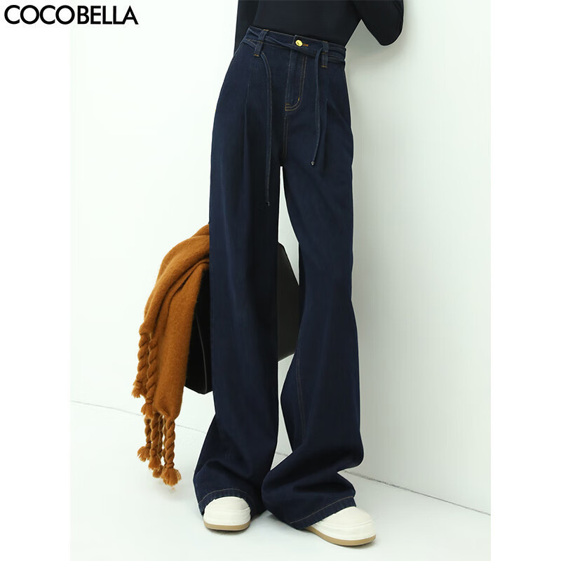 COCOBELLA设计感腰带直筒牛仔裤宽松休闲高腰打褶阔腿裤DN626