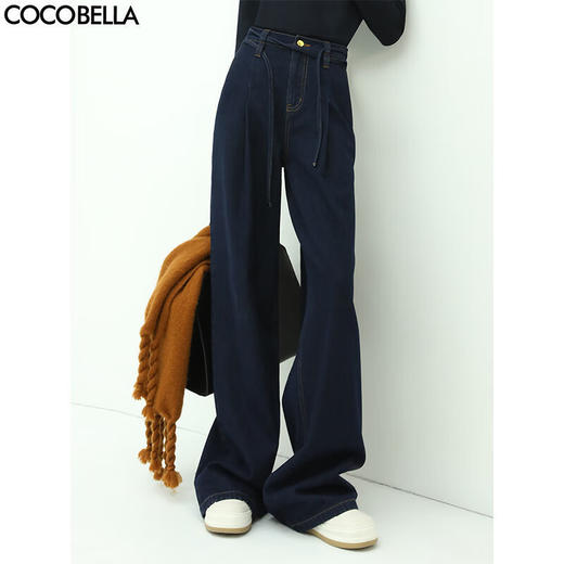 COCOBELLA设计感腰带直筒牛仔裤宽松休闲高腰打褶阔腿裤DN626 商品图0
