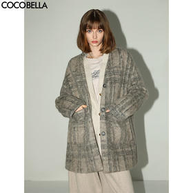 COCOBELLA轻奢老钱风拉绒格纹羊毛呢子大衣冬保暖毛呢外套WL7058