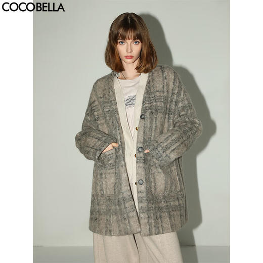 COCOBELLA轻奢老钱风拉绒格纹羊毛呢子大衣冬保暖毛呢外套WL7058 商品图0