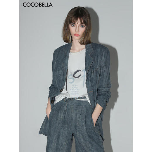 COCOBELLA砂洗炒色亚麻西装春夏松弛感穿搭牛仔色毛边外套SI3023 商品图0