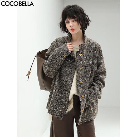 COCOBELLA静奢风亮片花纱毛呢外套金属扣休闲毛边外套WL507 商品图0
