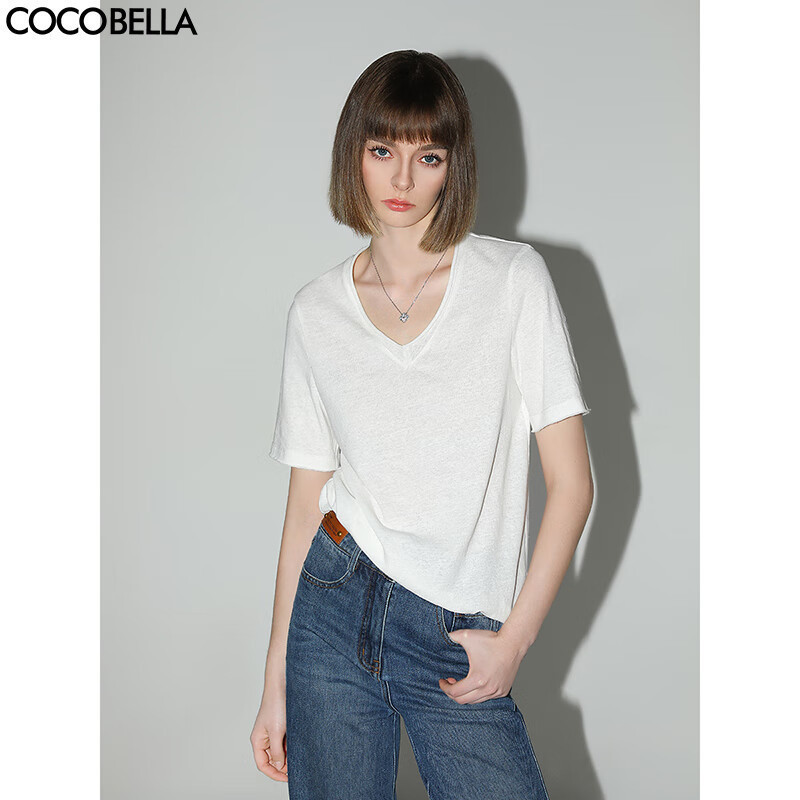 COCOBELLA竹节棉白色短袖T恤基础款V领随性毛边上衣TS7017-2