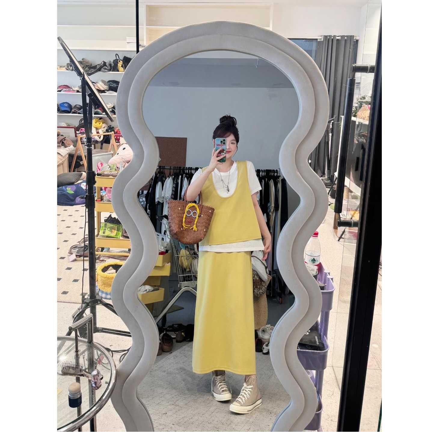 2025新品 蕾蕾同款【慢调生活】圆领短袖+大U领宽松背心马甲+全松紧A字半身裙