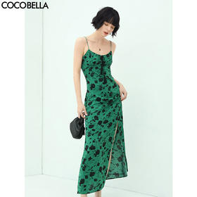 COCOBELLA流苏飘带碎花吊带裙女夏优雅侧开叉缎面连衣裙FR150