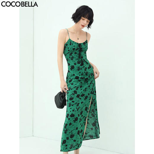 COCOBELLA流苏飘带碎花吊带裙女夏优雅侧开叉缎面连衣裙FR150 商品图0