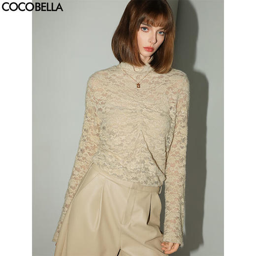 COCOBELLA精致女人味亮片植绒蕾丝衫半高领优雅打底衫LC7027 商品图0