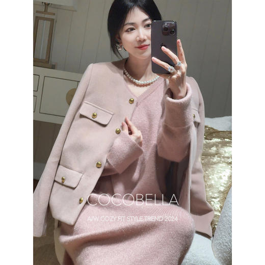 COCOBELLA气质粉小香风短外套质感金属扣箱型毛呢大衣WL7066 商品图0