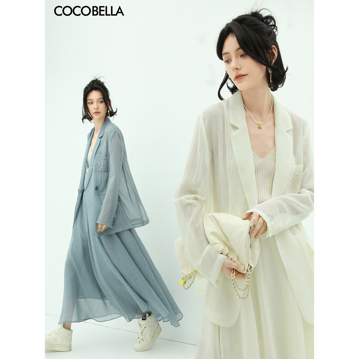 COCOBELLA重工LOGO刺绣微透视新中式西装早秋多色通勤外套SI530