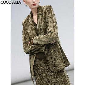 COCOBELLA新中式竹叶拓印压褶丝绒西装女国风盘扣外套SI3032