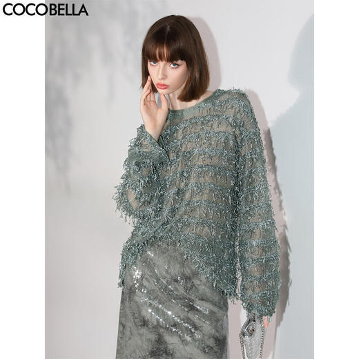 COCOBELLA设计感微透视流苏罩衫早秋名媛风毛边针织衫SE7006 商品图0