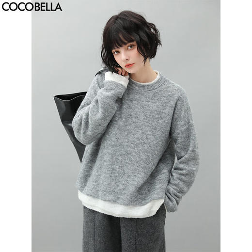 【秒杀特惠】COCOBELLA气质灰撞色假两件软糯针织衫时尚休闲套头毛衣MZ972 商品图0