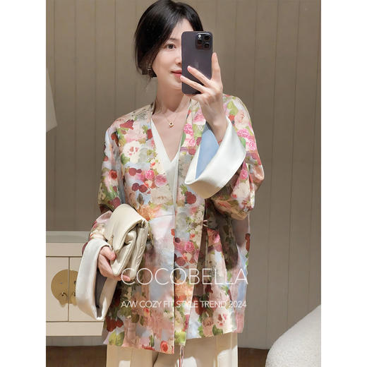 COCOBELLA新中式仿宋锦流光织金印花盘扣西装通勤外套SC0003 商品图0