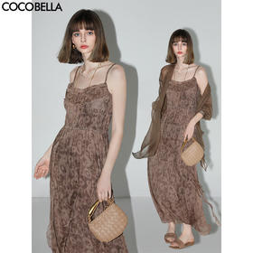 COCOBELLA手工木耳边对丝雪纺皱吊带裙轻盈飘逸连衣裙FR3020